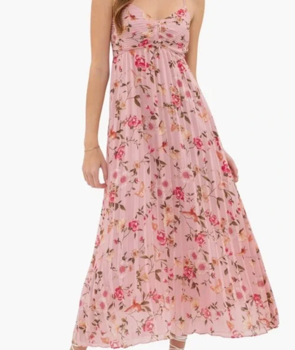 By the River Bird & Floral Print Pleated Midi Maxi Dress Pink Size S Sleeveless